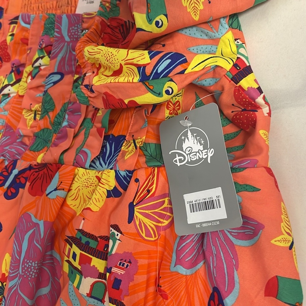 Disney Bright Orange Floral & Butterfly Midi Dress with Puff Sleeves - Picture 5 of 13